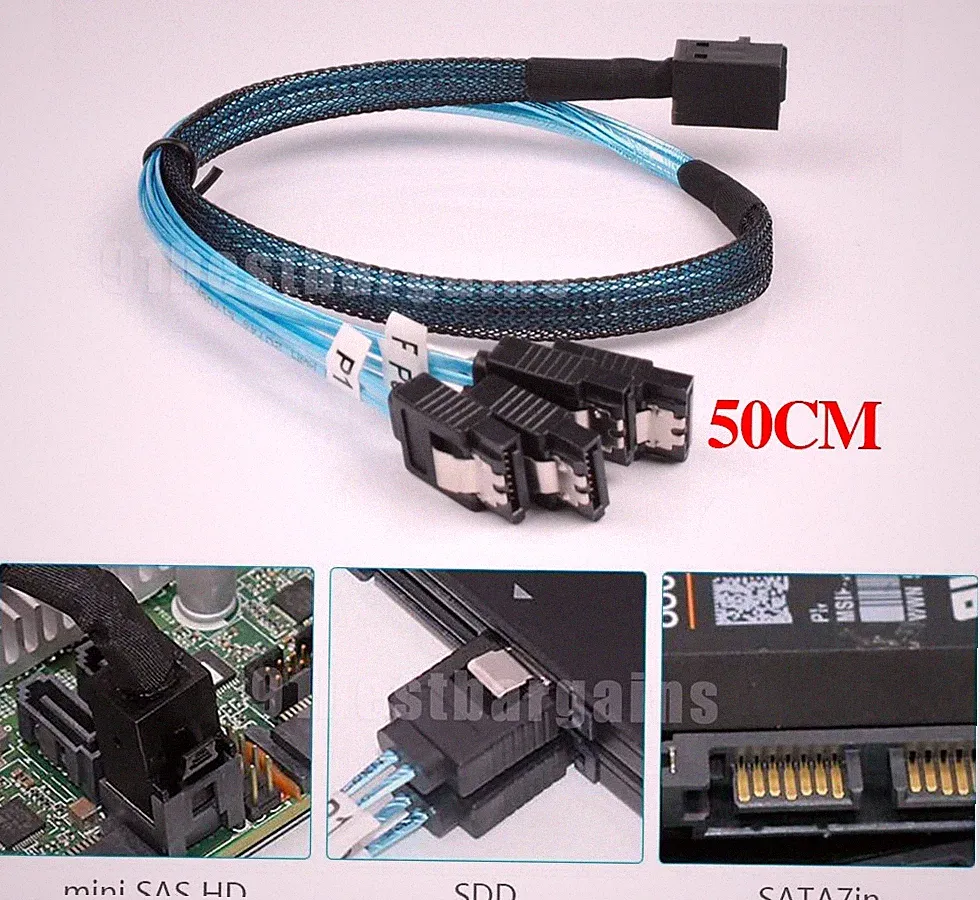 Internal HD Mini SAS (SFF-8643 Host) to 4X SATA (Target) Hard Drive Cable 0.5m